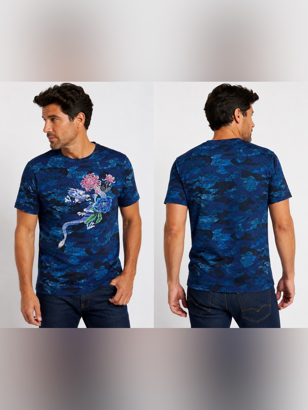 Robert Graham Avante Garde Mens M T Shirt Blue Camo Dragon Floral Luxury Graphic